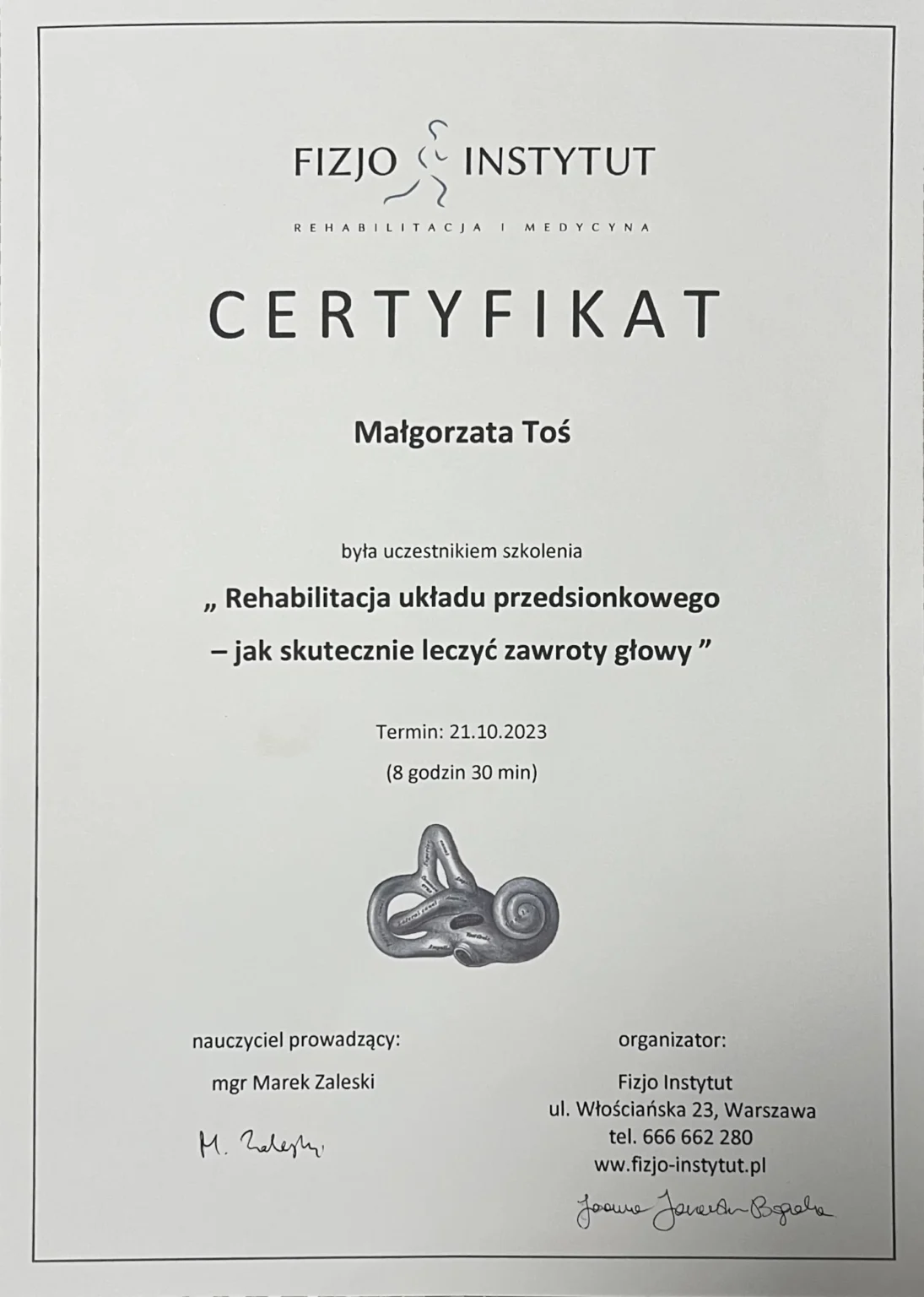 le. Małgorzata Toś - certyfikat