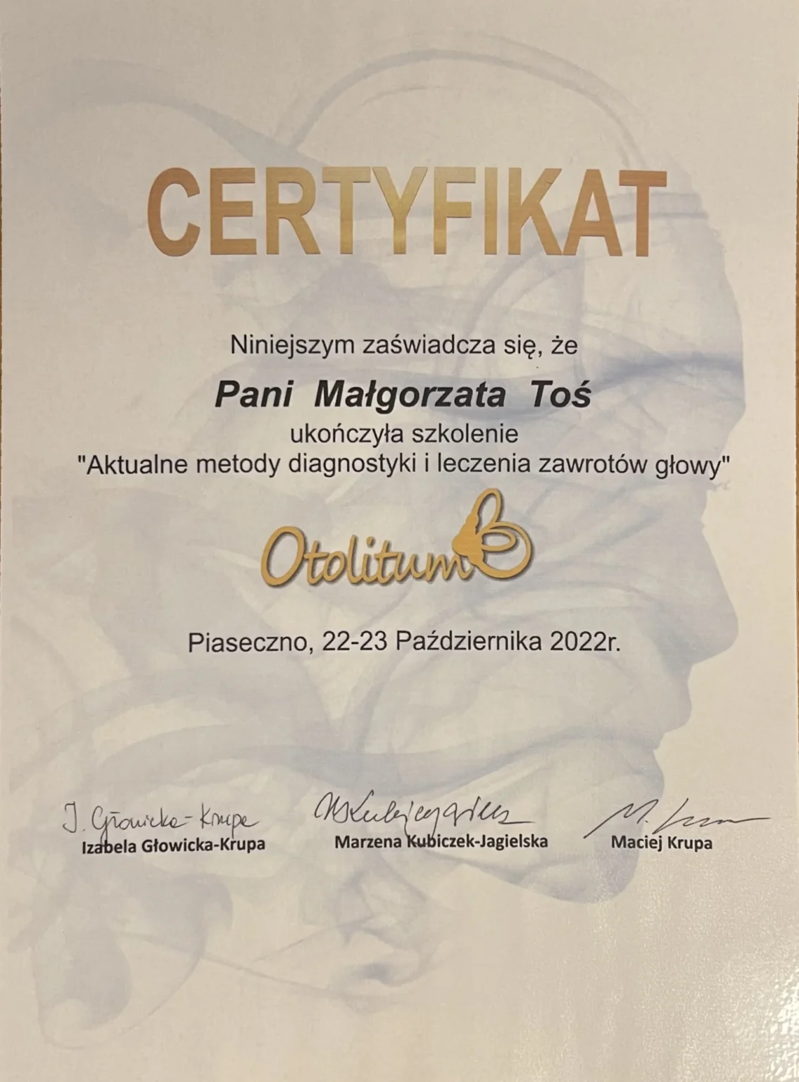 le. Małgorzata Toś - certyfikat