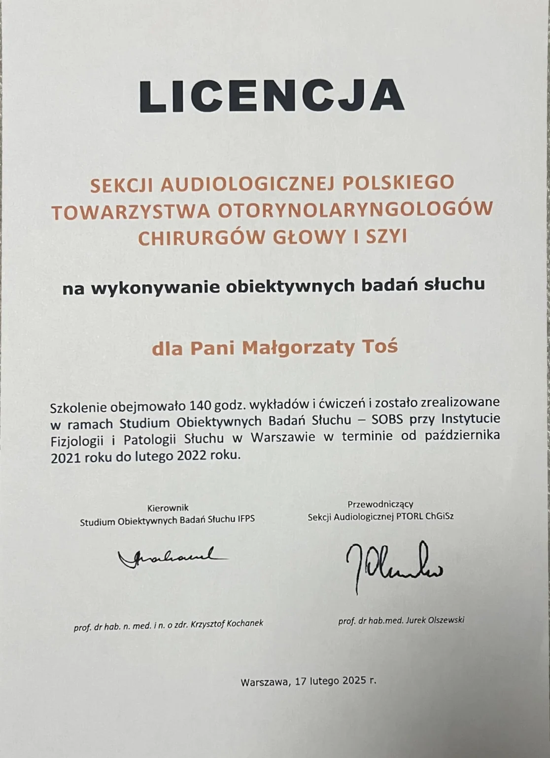 le. Małgorzata Toś - certyfikat