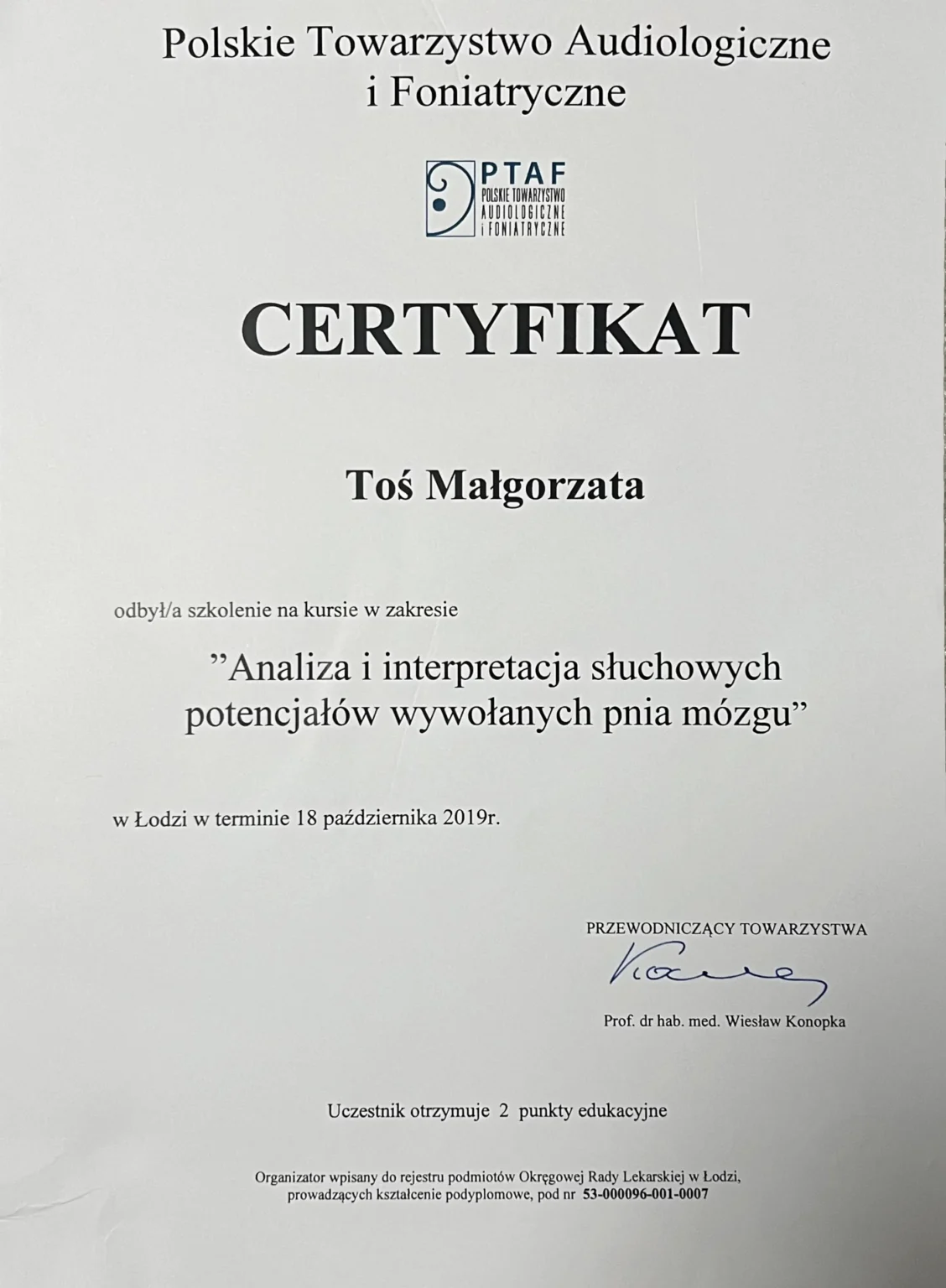 le. Małgorzata Toś - certyfikat